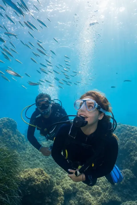 Plongeuse débutante émerveillée devant un banc de poissons en Méditerranée